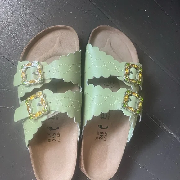 Betula Green Scalloped Slide Sandals with Gem Buckles - Picture 6 of 6